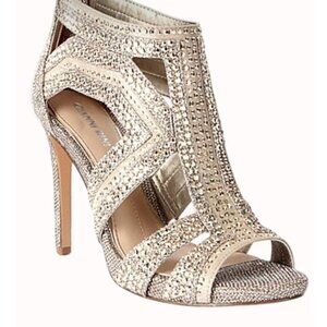 Gianni Bini Rhinestone Sandals Size 7.5 Champagne Gold Peep Toe High Heel Shoe